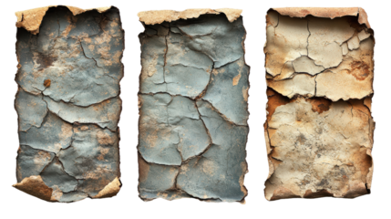 Weathered and peeling paint textures on rustic surfaces, showcasing the effects of time and exposure. Ideal for vintage or abandoned themes in design.