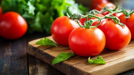 Fresh ripe tomatoes on a wooden cutting board with green leaves and rustic background : Generative AI