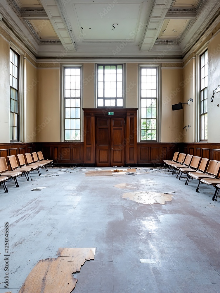 Poster Abandoned and Dusty Hall with Empty Chairs and Natural Light Streaming Through the Windows : Generative AI