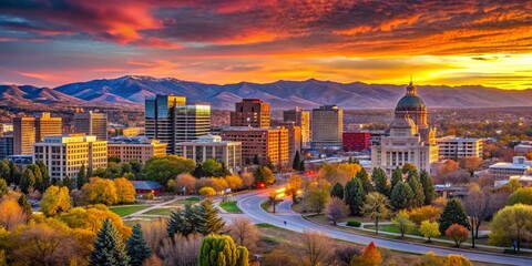 Fototapeta premium Boise Idaho Skyline Panoramic View at Sunset, High-Resolution Stock Photo