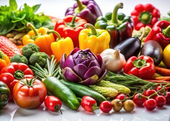 Tilt-shift photography showcases fresh Mediterranean produce, miniature effect, crisp white background.