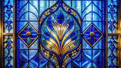 Abstract Art Deco Stained Glass Window, Navy Blue & Cobalt, Vintage Pattern, Long Exposure