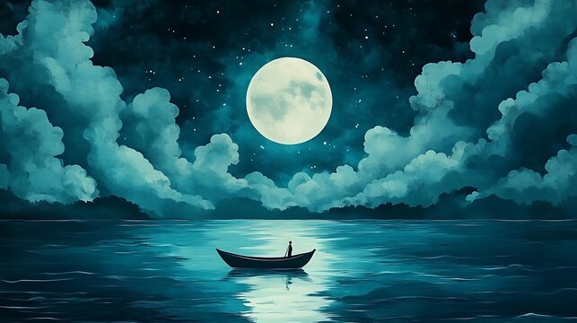 Solitary Figure in a Small Boat Under a Full Moon: Digital Painting of a Nighttime Seascape AI Generated