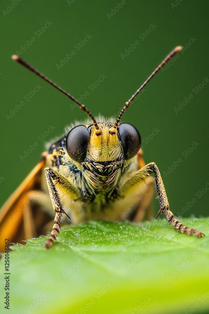 Poster Close Up of a Colorful Insect with Large Eyes Resting on a Leaf Against a Soft Green Background : Generative AI
