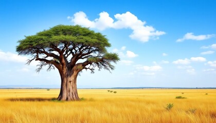 Obraz premium Majestic Baobab Tree in Expansive Golden Grassland Under Blue Sky