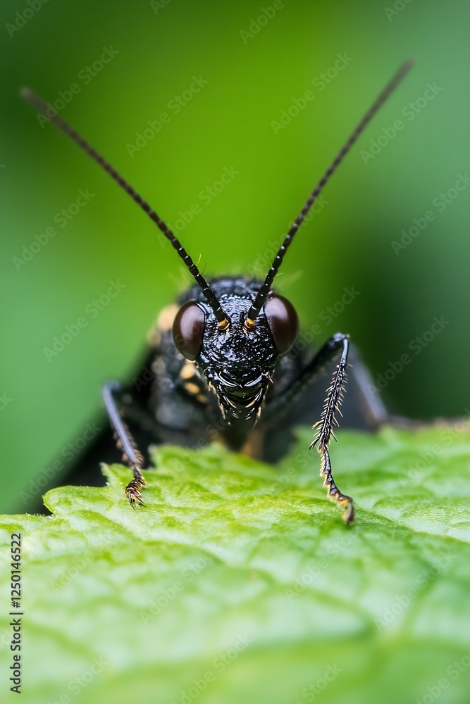 Poster close-up of an intriguing black insect resting on a green leaf showcasing fine details of its anatom