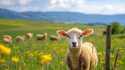 Naklejka premium Charming Sheep Grazing in Green Pastures Surrounded by Fresh Wildflowers : Generative AI