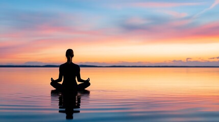Serene Silhouette of a Meditation Practice by the Tranquil Water During Vibrant Sunset : Generative AI