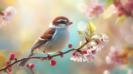 Fototapeta premium Vibrant Close-up of Small Bird Perched on Twig with Colorful Blossoms in Nature's Beauty