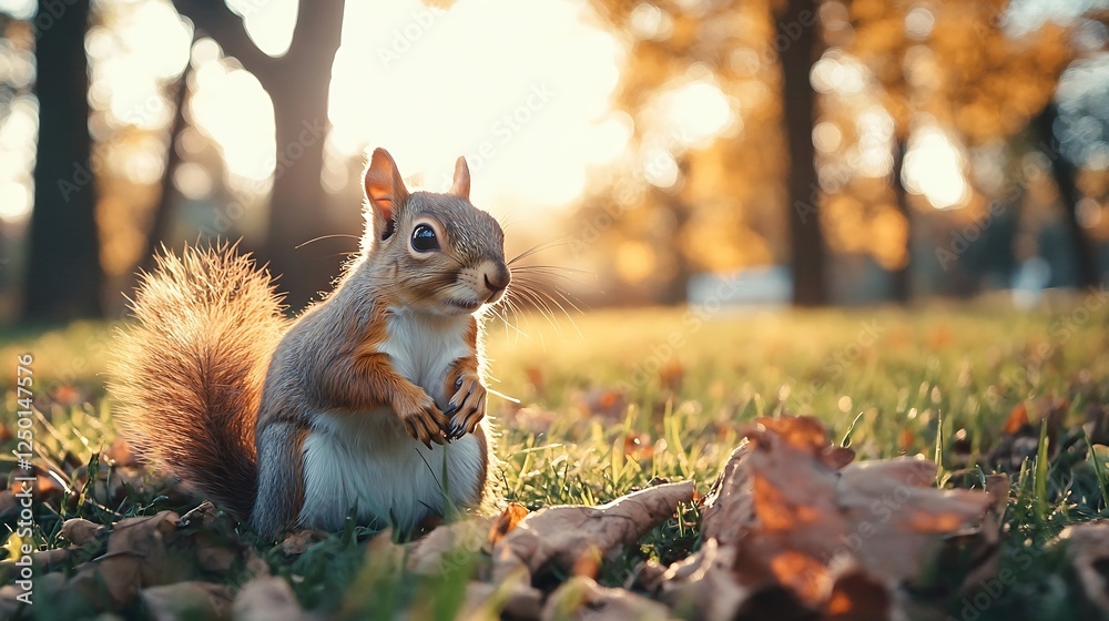 Poster cute squirrel in autumn landscape with soft sunlight and colorful leaves : generative ai