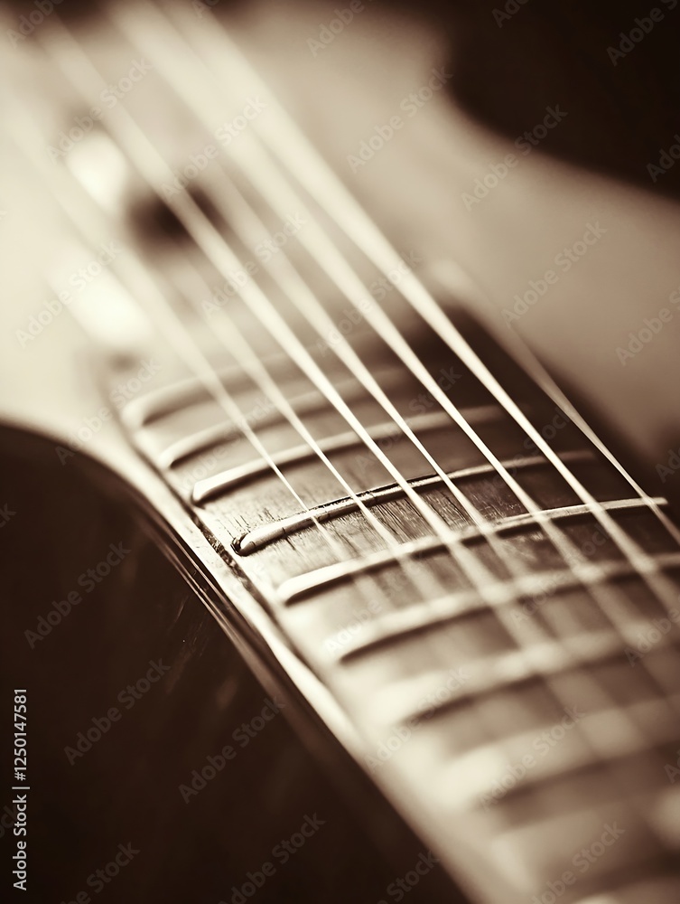 Poster close up photographic detail of guitar strings and fingerboard in vintage style : generative ai