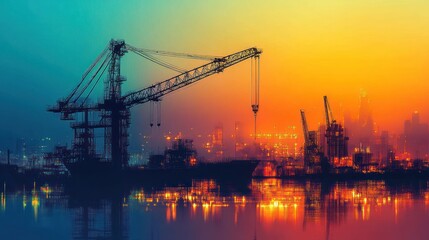 Fototapeta premium Urban Construction Skyline at Dusk Featuring Cranes and City Reflections
