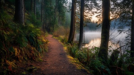 Obraz premium Misty sunrise path along a tranquil lake in a lush forest.