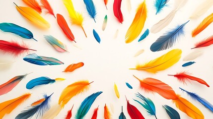 Vibrant Bird Feathers Arranged in a Circular Burst on White Background AI Generated