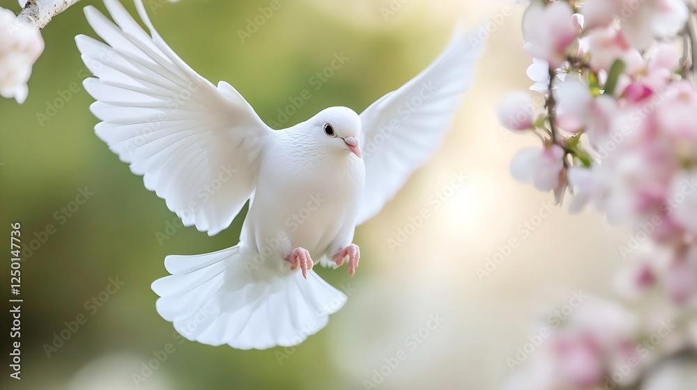 Poster stunning white dove in flight surrounded by blossoming trees in soft light : generative ai