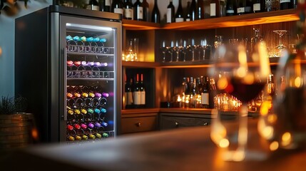 Elegant wine fridge in a stylish bar setting.