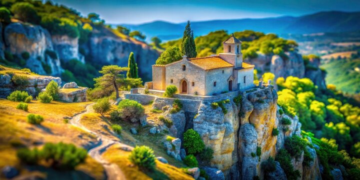 Tilt-Shift photography transforms Pulsano, Gargano National Park, Apulia, into a captivating miniature Hermitage landscape.