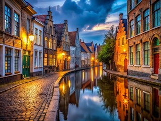 Fototapeta premium Bruges Belgium Night Street Photography - Cobblestone Streets & Canals in Low Light