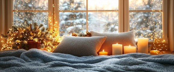 Cozy winter window seat with lights, candles, and blankets