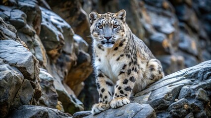 Obraz premium A snow leopard's fur blends seamlessly into a dark rocky outcropping in the Himalayas , cat