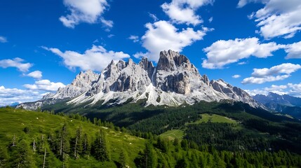 Fototapeta premium Stunning panoramic view of the majestic Dolomites mountains under a blue sky : Generative AI