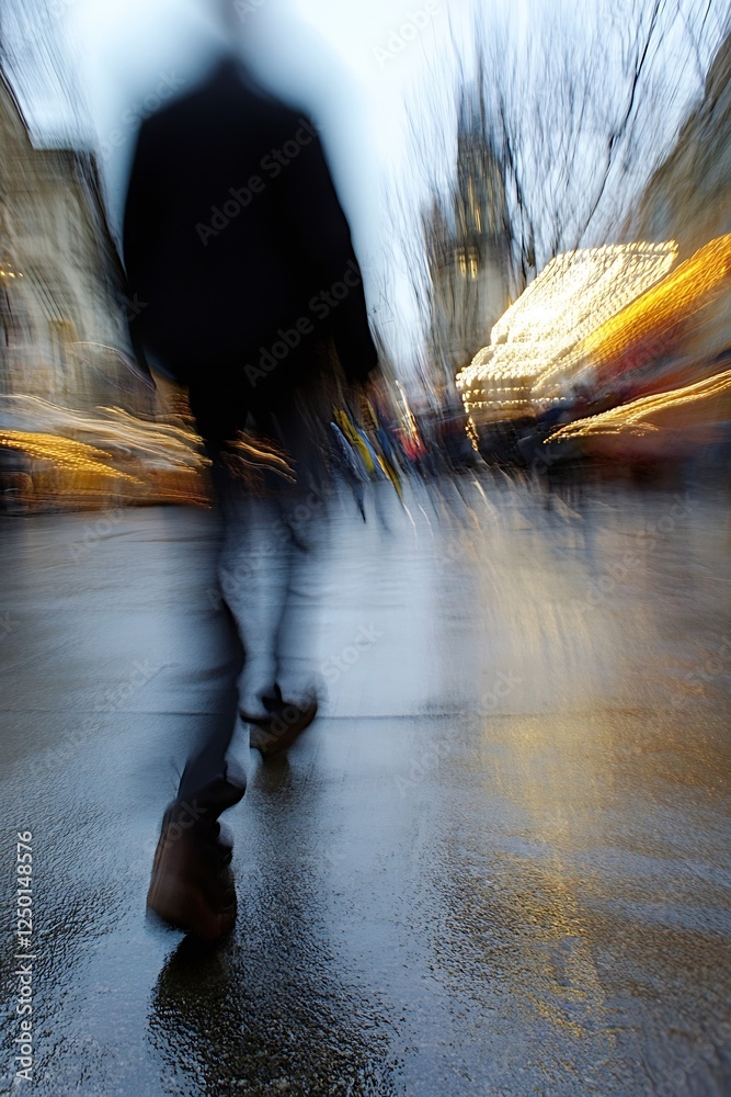 Poster motion blur of a person walking in city streets creating dynamic energy : generative ai