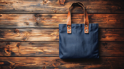 A Dark Blue Tote Bag with Brown Leather Straps on Rustic Wooden Surface