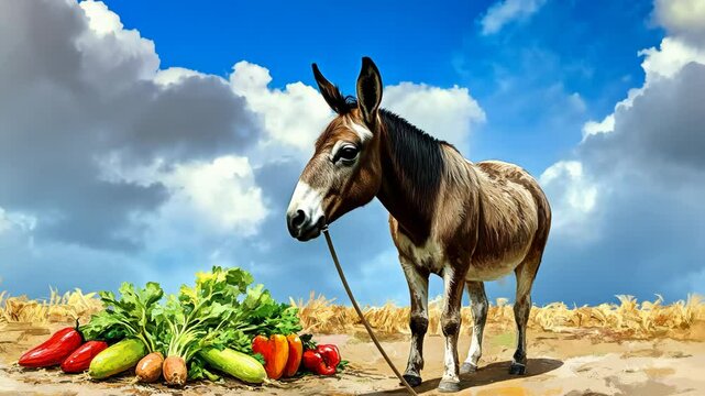 Peaceful donkey grazing between vegetable rows, sunlight illuminating verdant farmland with distant blue sky and wispy cloud formations