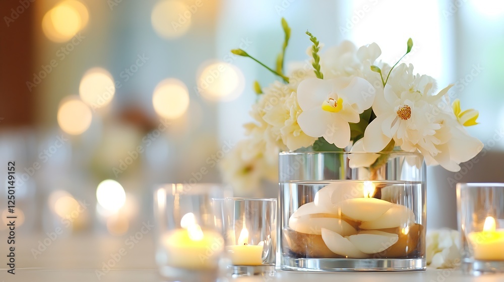 Poster elegant floral arrangement with soft lighting and candles creating a cozy atmosphere : generative ai