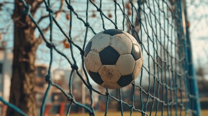 Worn Soccer Ball in Net, Autumnal Background.