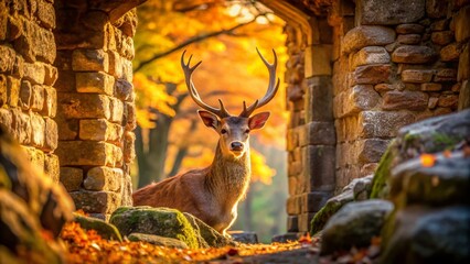 Camouflaged Deer in Architectural Ruins: A Stunning Nature Photography Stock Image
