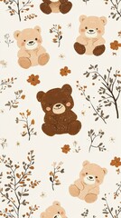 Obraz premium Adorable Teddy Bears and Floral Seamless Pattern