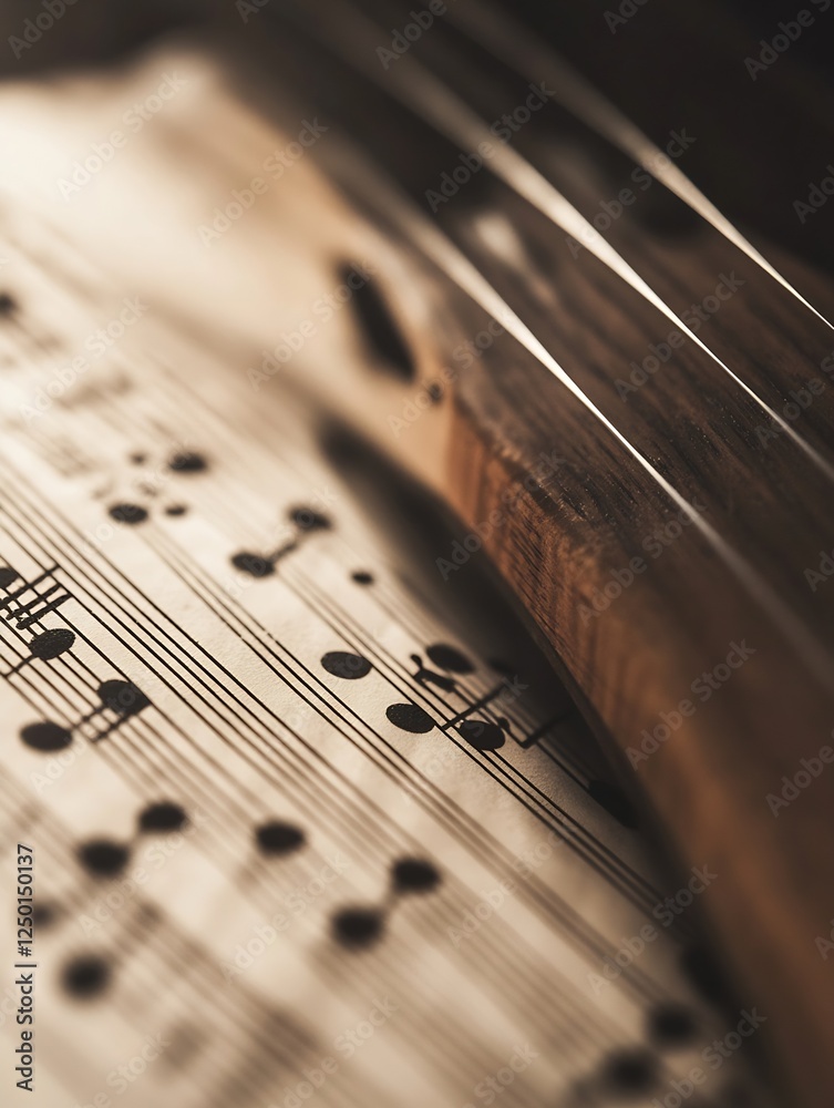Poster close up of musical notes on sheet music with a wooden element highlighting the beauty of sound : ge
