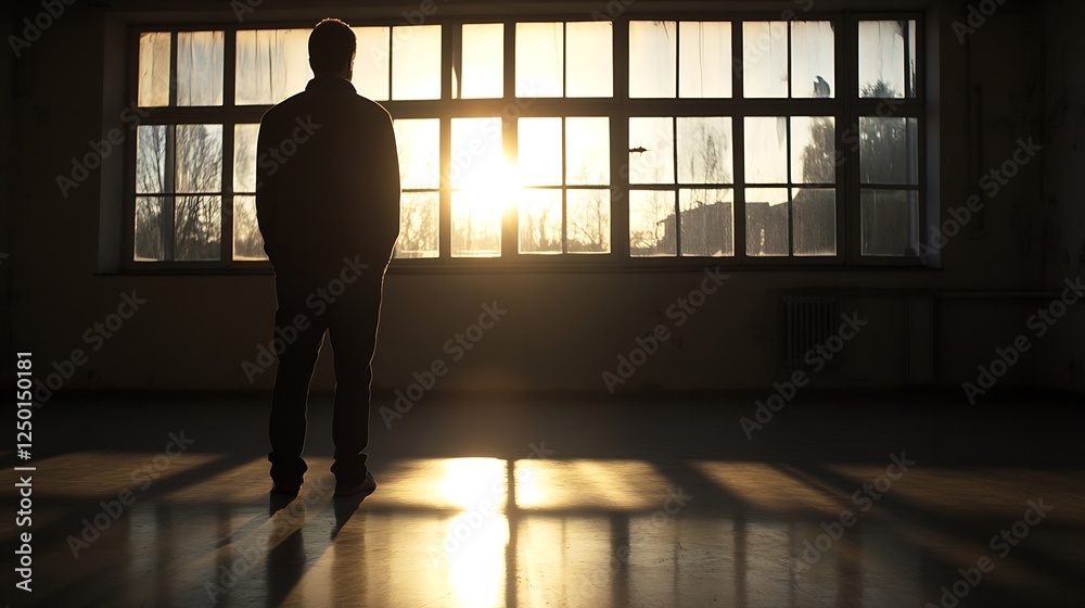 Poster silhouette of a man standing in a sunlit room reflecting solitude and contemplative mood with dramat