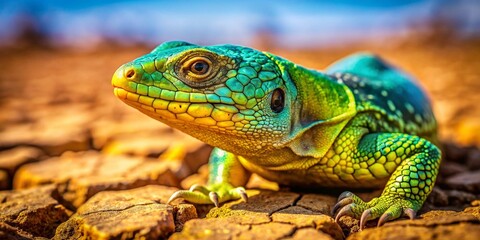 Fototapeta premium Candid Photo: Lizard Basking on Dry Ground, Close-Up