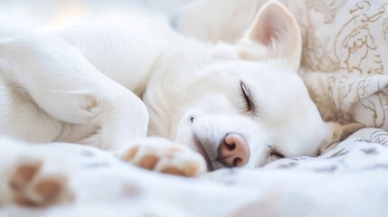 Sweet white dog sleeping peacefully on a cozy bed with soft fur : Generative AI