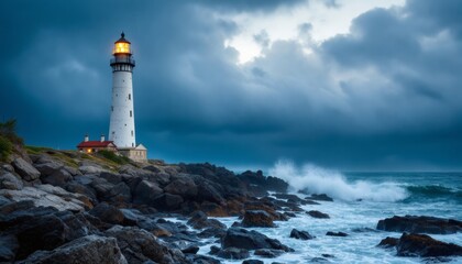 Obraz premium Majestic Lighthouse Overlooking Stormy Seas on Rocky Coastline
