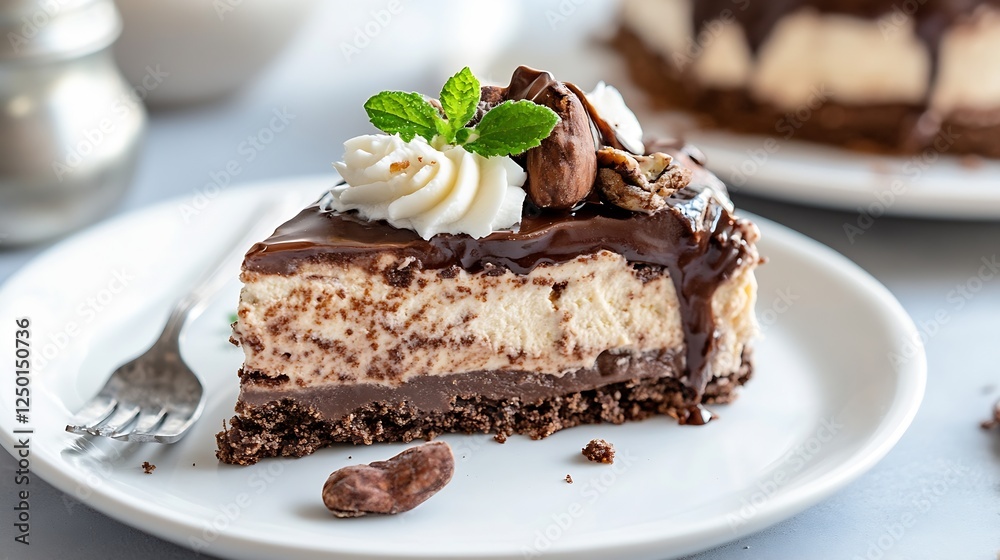 Poster delicious slice of chocolate cake topped with whipped cream and nuts on a plate : generative ai