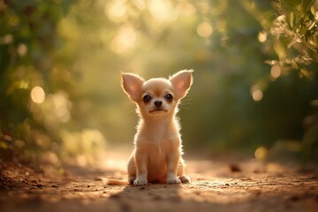 Adorable chihuahua puppy sitting outdoors in soft sunlight.