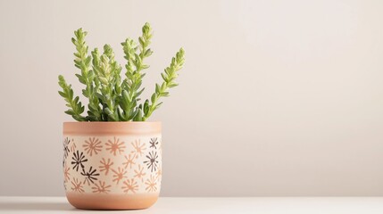 Succulent Plant in Decorative Terracotta Pot on Light Beige Background