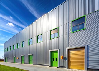 Obraz premium Industrial Building Exterior: Gray Aluminum Facade, Doors & Windows - Stock Photo