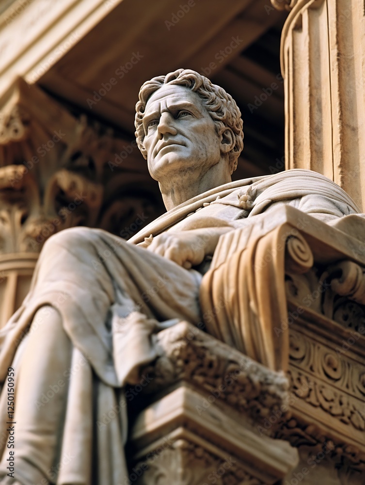 Poster detailed sculptural representation of a historic marble statue in a majestic architectural setting :