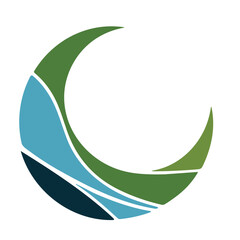 Abstract crescent moon design with green, blue, and dark accents.