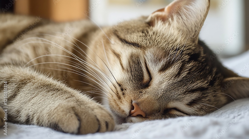 Poster Sleepy Tabby Cat Relaxing on a Soft Surface Captured in Natural Light : Generative AI