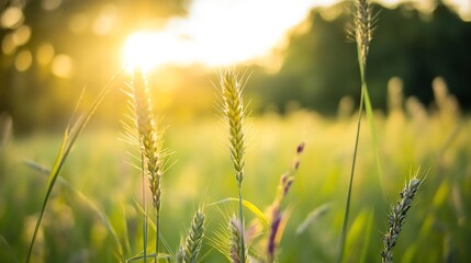 Fototapeta premium Golden Sunlight Shining on Wheat Grass in a Serene Natural Setting : Generative AI