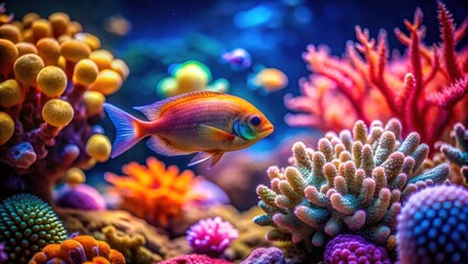 Fototapeta premium Tiny fish find refuge in a high-resolution, colorful coral reef underwater scene.