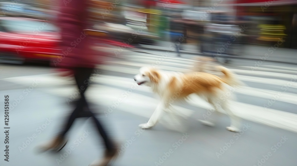 Poster Dynamic Blurred Motion of a Dog Walking in Busy Urban Setting : Generative AI