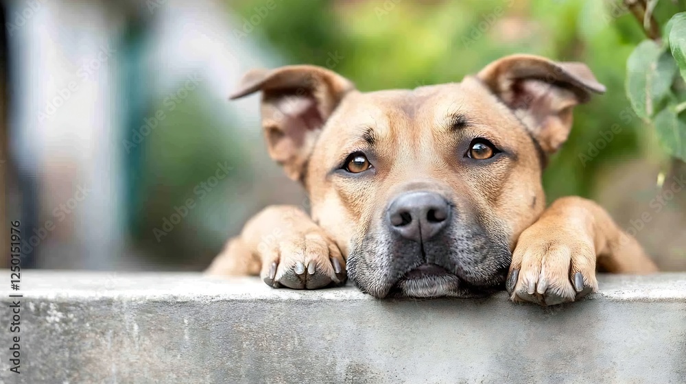 Aufkleber adorable dog with expressive eyes resting on a stone wall surrounded by greenery : generative ai