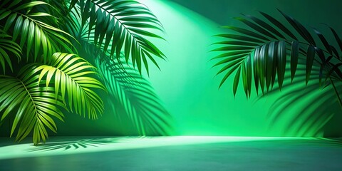 Minimalist Summer Mockup: Palm Leaf Shadows on Green Wall & White Floor
