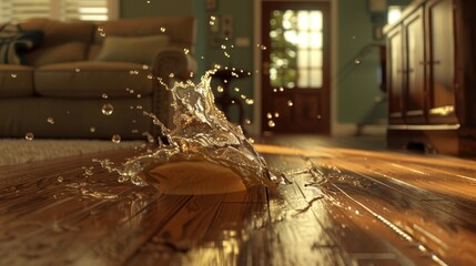 Water Splash on Hardwood Floor in Living Room.